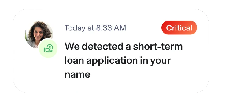 Example of an Aura alert notification that you would receive if a payday loan application was submitted in your name.